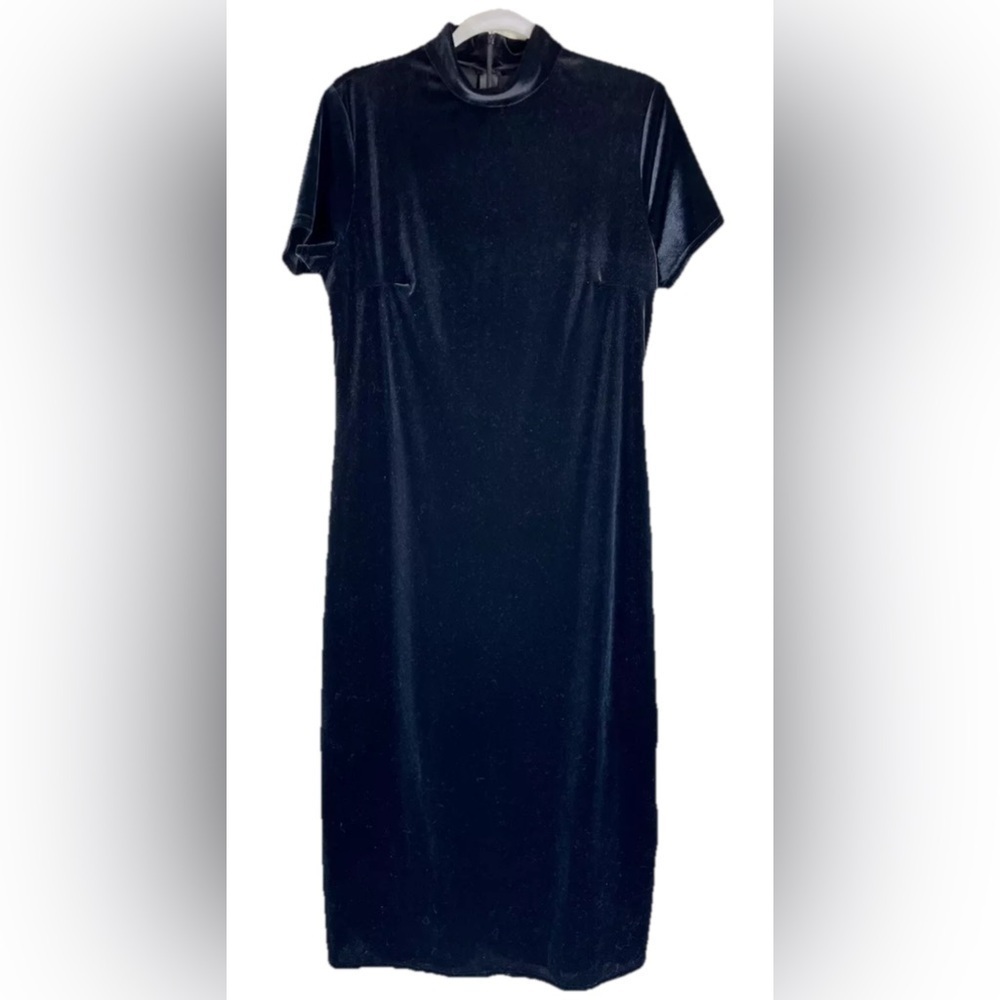 Vintage Velvet Dress Sz Large Black Mock Neck Short Sleeve Maxi Whimsigoth USA